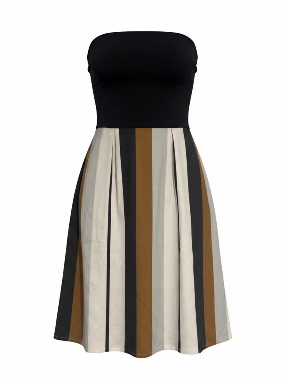 Strapless Black Bodice Dress with Cream and Tan Stripe Skirt